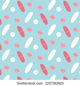 Seamless pattern with pills and capsules. Vector illustration . Flat style. Medical print.