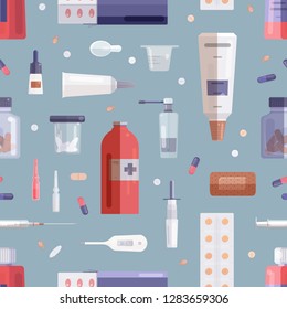 Seamless pattern with pills, drugs, medications in bottles, jars, tubes, syringe and other medical tools on grey background. Flat cartoon colorful vector illustration for wrapping paper, wallpaper.