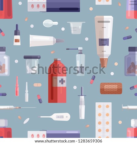 Seamless pattern with pills, drugs, medications in bottles, jars, tubes, syringe and other medical tools on grey background. Flat cartoon colorful vector illustration for wrapping paper, wallpaper.