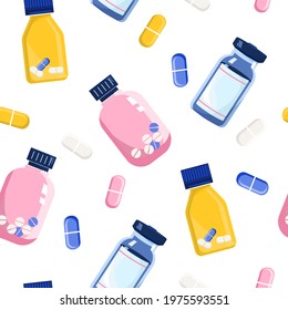 Seamless Pattern With Pills And Glass Vials.Vitamin Complex And Healthcare.Keep Calm And Drink Sedative Tablets.Antidepressants And Millennial Problems.Influence Of Anti-anxiety Medical Supplement