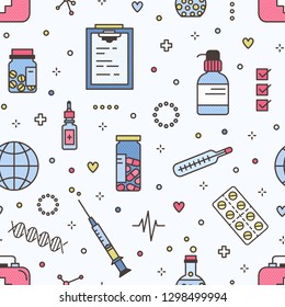 Seamless pattern with pills in jars and blisters and medical tools. Backdrop with medicines or drugs and lab equipment on light background. Colorful vector illustration in modern line art style.