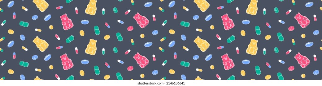 Patrón sin problemas con pastillas y osos de gelatina. Complementos biológicamente activos y vitaminas en el fondo gris. Ilustración vectorial.