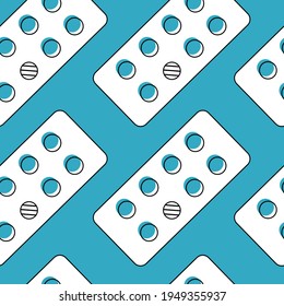 Patrón sin problemas con las píldoras. Fondo azul médico. Vector de arte de línea de farmacia