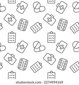 Seamless pattern of pills, medical suitcase, medical prescription is made of line icons 