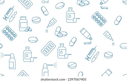 Seamless pattern. Pills, medications and other medical-related drawings on a white background for business and advertising. Vector