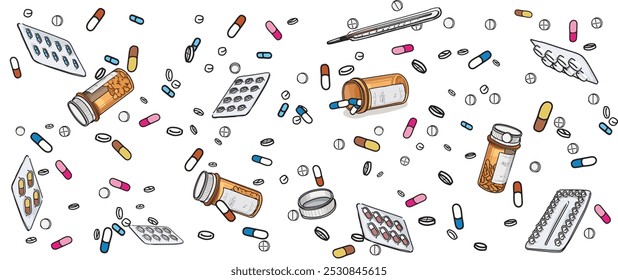 seamless pattern of pills medicine isolated on white background