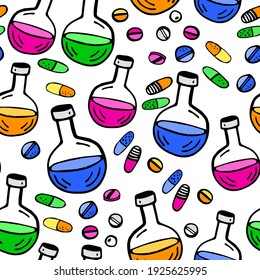 Seamless pattern with pills and 
multicolored medical flasks on white background. Blue, pink, yellow and green chemical flasks. Cute cartoon pattern.