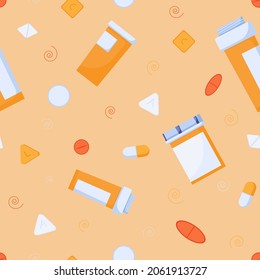 Seamless pattern of pills and orange containers. Pills and drugs, capsules prescribed by a doctor in a flat style. Vector illustration