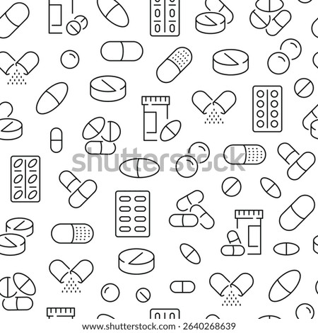 Seamless pattern with pills and tablets. Black and white thin line icons