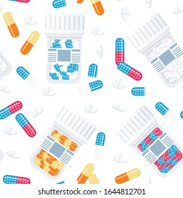 Seamless pattern of pills and tablets full transparent pill bottle flat vector illustration on white background