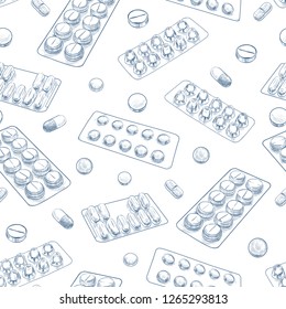 
Seamless pattern with pills. Vector vintage texture on white background. Hand-drawn medical illustration.  Sketch.
