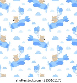 Nahtlose Muster von Pilotenbären in Flugzeugen mit Bälle zwischen blauen Wolken. Vektorbild für Junge. Illustration zum Urlaub, Babydusche, Geburtstag, Textilien, Wrapper, Grußkarte, Druck, Banner, Flyer