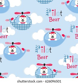 Seamless pattern with pilot bears, helicopters and lettering for scrapbook paper, wrapping, bedding pattern