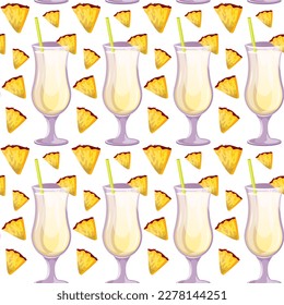 Seamless pattern Pina Colada classic cocktail with  pineapple. Italian aperitif cocktails. Alcoholic beverage for drinks bar menu. Beach Holidays, summer vacation, party, cafe bar, recreation. Vector