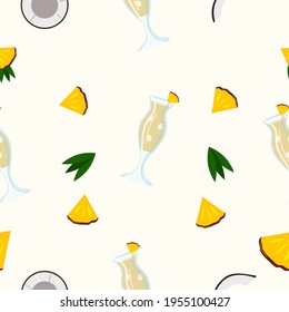 Seamless pattern with Pina colada cocktail, pineapples and coconuts