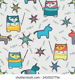 seamless pattern with pinata horses and stars and lucha libre mexican bear wrestler with masks and magic wand. Cinco de Mayo. Viva Mexico. vector cartoon character on light gray background for textile