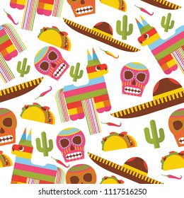 Seamless pattern with pinata, sombrero hat, scull, taco and cactus. Design dedicated to mexica and mexican traditional objects