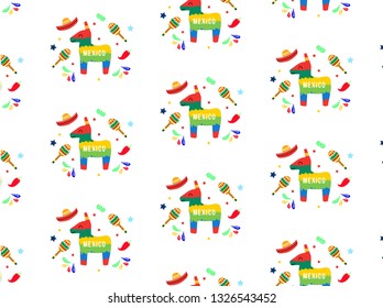 Seamless pattern with pinatas. Hand-drawn background. Vector illustration. sombrero, maracas,  in tiled backdrop design. - Vector