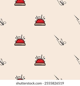 Seamless pattern with pincushion, needles and pins. Vector background associated with handmade, needlework. Design for decorations, wrapping paper, print