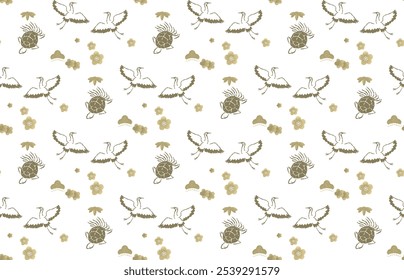 Seamless pattern of pine, bamboo, plum, cranes, and turtles - Japanese culture, celebration, wallpaper