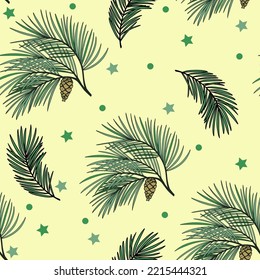 Seamless pattern with pine branch and cone and christmas star vector doodle print for wrapping paper, wallpaper, textile, fabric.