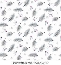 seamless pattern with pine branches, berries and stars