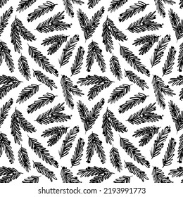 Seamless pattern with pine branches and Christmas balls. Hand-drawn black vector botanical ornament. Beautiful Christmas or winter design elements. Simple spruce branches in naive art style.