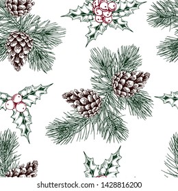 Seamless pattern with pine branches, cones and holly berry plants. Hand drawn vector on white background.