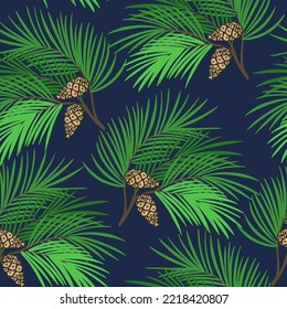 Seamless pattern with pine branches and cones vector drawing print for wallpaper, wrapping paper, fabric, textile. Christmas texture with pine needles.