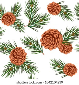 Seamless pattern of pine branches and cones.Vector illustration, can be used as background, wallpaper, print.