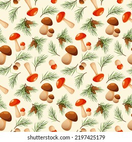 Seamless pattern with pine branches and mushrooms. Forest pattern, mushrooms and needles on light background