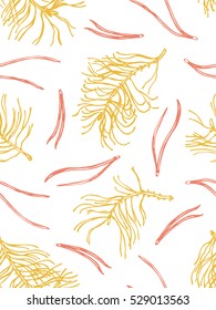 Seamless pattern with pine branches and needles. The sketch style. Yellow, red. Hand drawn. Merry Christmas.