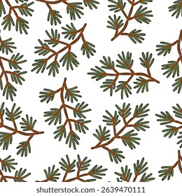 Seamless pattern with pine branches on white background for Christmas and winter design. Vector illustration
