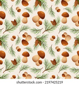 Seamless pattern with pine branches and porcini mushrooms. Forest pattern, mushrooms and needles on light background