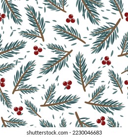 Seamless pattern with pine branches and red berries. Design for fabric, scrapbook, poster, greeting cards. Vector illustration