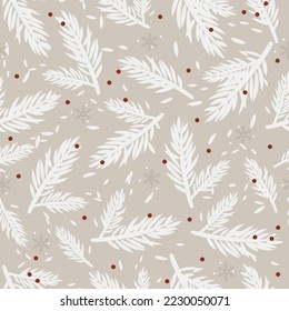 Seamless pattern with pine branches and red berries. Design for fabric, scrapbook, poster, greeting cards. Vector illustration