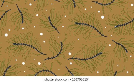 Seamless pattern with pine branches. Surface design. Vector illustration.