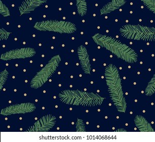 Seamless Pattern Of Pine Christmas Spruce, Hand Drawn Botanical Print. Seasonal Wallpaper, Winter Background, Textile Fabric, Texture Design On Blue