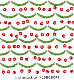 Seamless pattern of Pine Christmas spruce and holly red berries. Great for New year and Christmas party posters, headers, seasonal wallpaper, winter background, textile fabric. Vector
