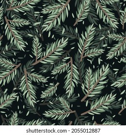 Seamless pattern of Pine Christmas spruce, natural branch, green leaves. Design for fabric, scrapbook, poster, greeting cards. Vector illustration