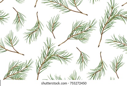 Seamless Pattern Of Pine Christmas Spruce, New Year Tree Natural Branch, Green Leaves, Hand Drawn Botanical Print. Vector, Seasonal Wallpaper, Winter Bacgkround, Textile Fabric, Texture, Paper Design 