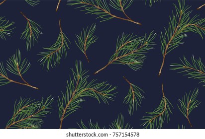 Seamless pattern of Pine Christmas spruce, new year tree natural branch, green leaf, hand drawn botanical print. Vector, seasonal wallpaper, winter background, textile fabric, texture design on blue