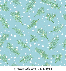 Seamless pattern of Pine Christmas spruce, new year tree natural branch, green leaves, hand drawn botanical print. Vector, seasonal wallpaper, winter bacgkround, textile fabric, texture, paper design