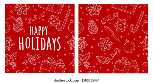 Seamless pattern. Pine cone, box, firework rocket, serpentine ribbons, mistletoe, snowflake, fir branch, toy. Vector vintage monochrome engraving on red background. Happy Holidays lettering