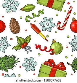Seamless pattern. Pine cone, box, rocket, serpentine, mistletoe, snowflake, fir branch, toy. Vector vintage color engraving on white. For New Year and Merry Christmas posters