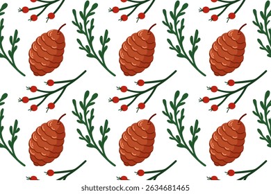 Seamless pattern with pine cone and green twig in cartoon style on white background. Perfect for Christmas packaging, winter design and festive background.