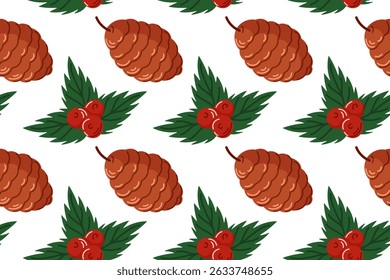 Seamless pattern with pine cone, holly leaves and red berries in cartoon style on white background. Perfect for Christmas packaging, winter textile and festive seasonal decoration.