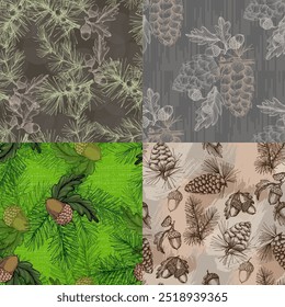 Seamless Pattern with pine cones and acorns. Color sketch style hand drawn background. Detailed illustration, hand drawn. Great for fabric and textile, prints, invitation, packaging.