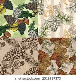 Seamless Pattern with pine cones and acorns. Color sketch style hand drawn background. Detailed illustration, hand drawn. Great for fabric and textile, prints, invitation, packaging.