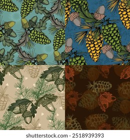 Seamless Pattern with pine cones and acorns. Color sketch style hand drawn background. Detailed illustration, hand drawn. Great for fabric and textile, prints, invitation, packaging.